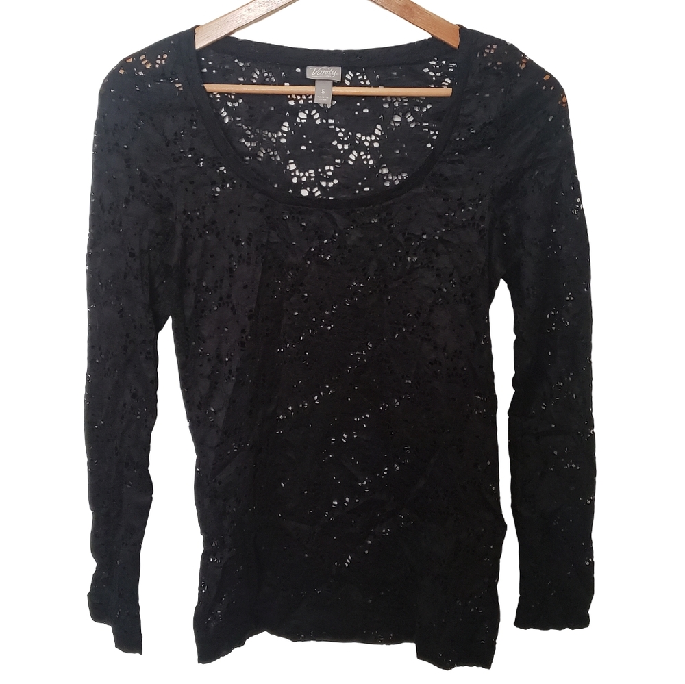 Y2K Vanity Essentials Black Lace Long Sleeve Top SM Sheer Stretch Scoop Witchy